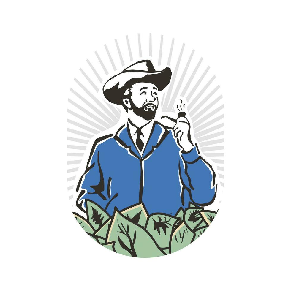 cowboy smoking pipe with tobacco leaves illustration. vector