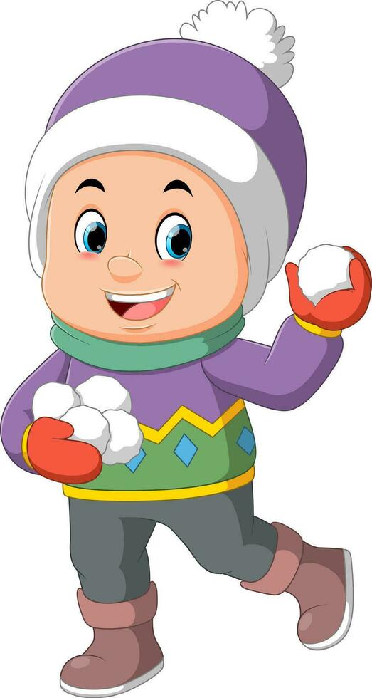 Cartoon little boy in winter clothes throwing snowballs vector