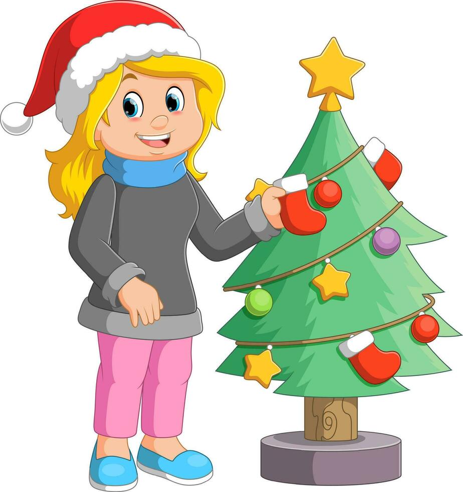 Cartoon girl decorating a Christmas tree with balls vector