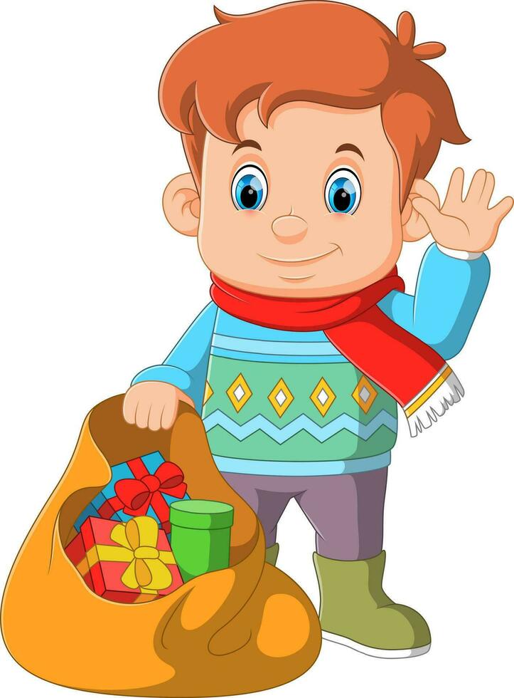 Cute boy with a brown sack and gift on a white background vector