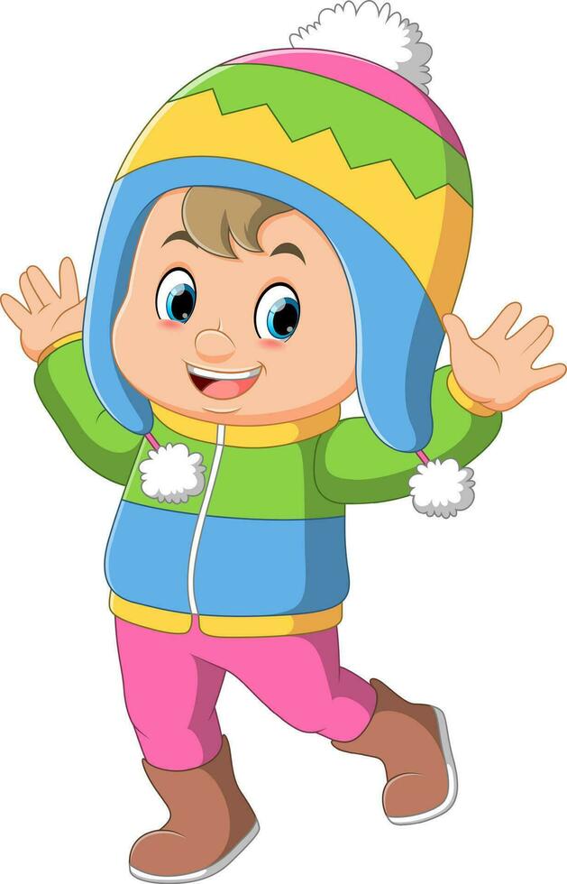 Cartoon illustration of a girl in Winter clothes waving vector