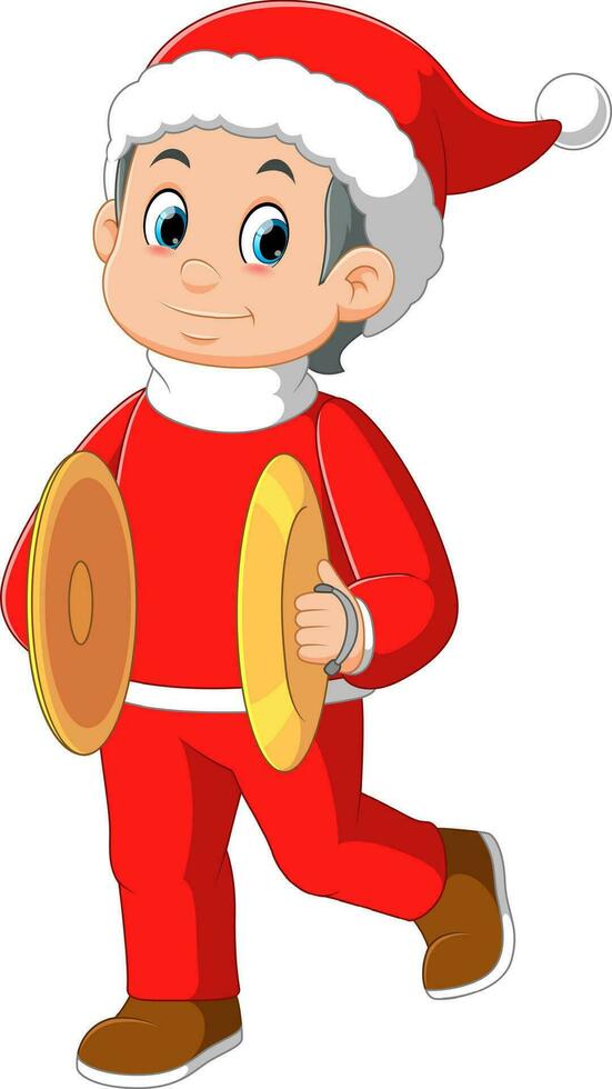Cartoon little boy in red santa clothes playing cymbals vector