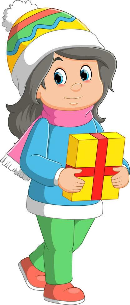 Cartoon young girl in red santa clothes holding gift boxes vector