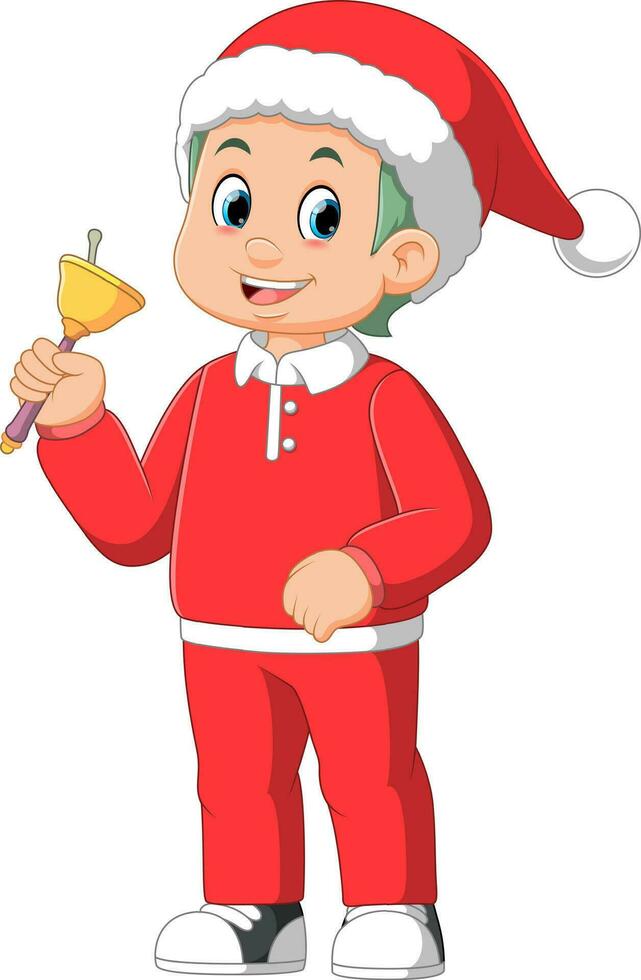 pequeño chico en rojo Papa Noel ropa El sonar campana vector