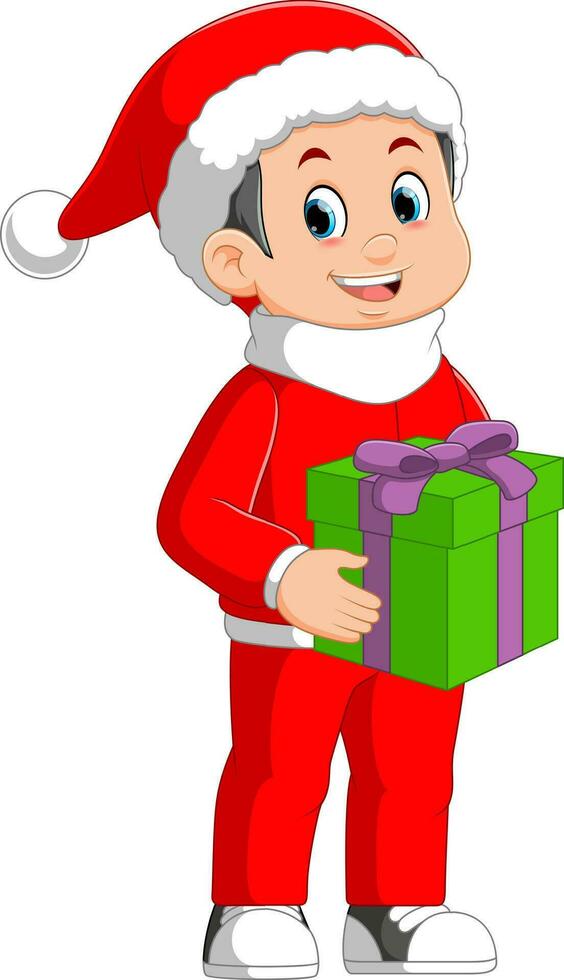 Cartoon little boy in red clothes holding a gift vector