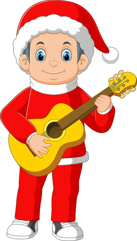Cartoon little boy in red santa clothes playing guitar vector