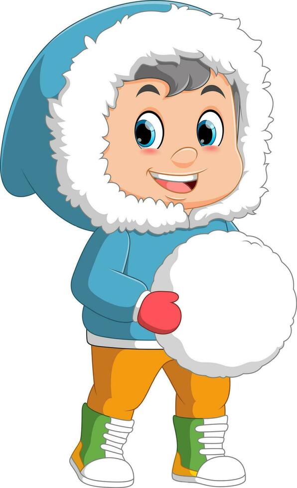 cute boy in winter clothes with big snowball vector