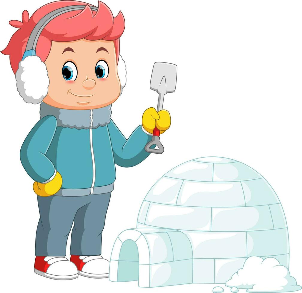 Young man Building Igloo Making House of Ice Blocks vector