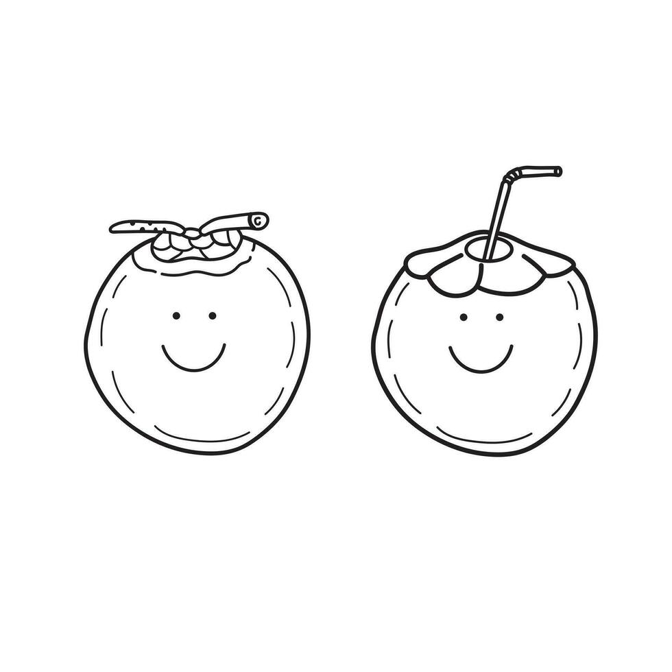 Hand drawn Vector illustration color children smiling fruit green coconut clipart