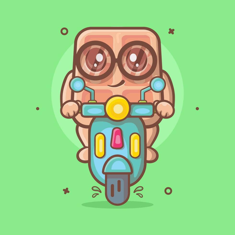 frio Belga gofre comida personaje mascota montando scooter motocicleta aislado dibujos animados en plano estilo diseño vector