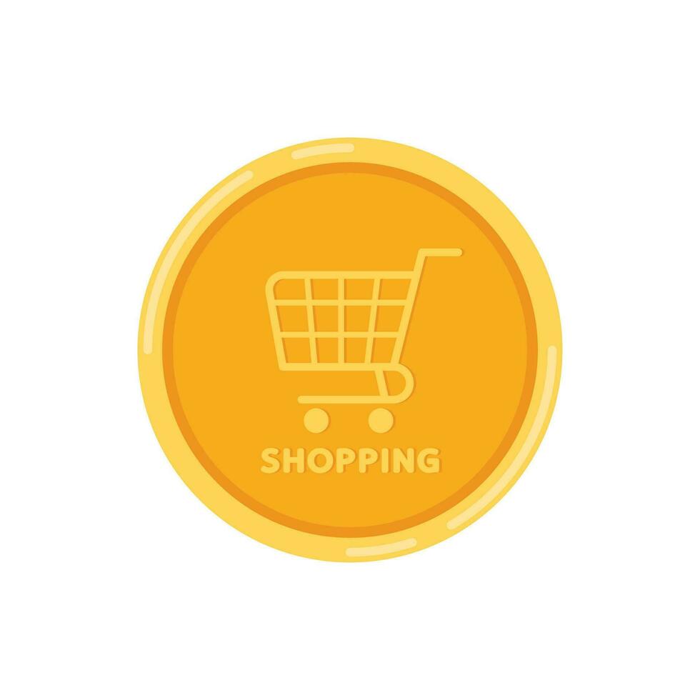 Shopping logo on Gold coin vector. Shopping logo design. Cart symbol. vector