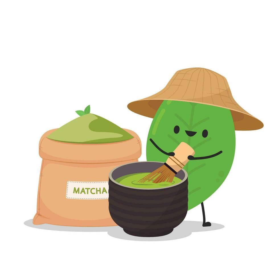 Tea leaves character. green tea cup vector. green tea powder vector. Matcha tea whisk. vector