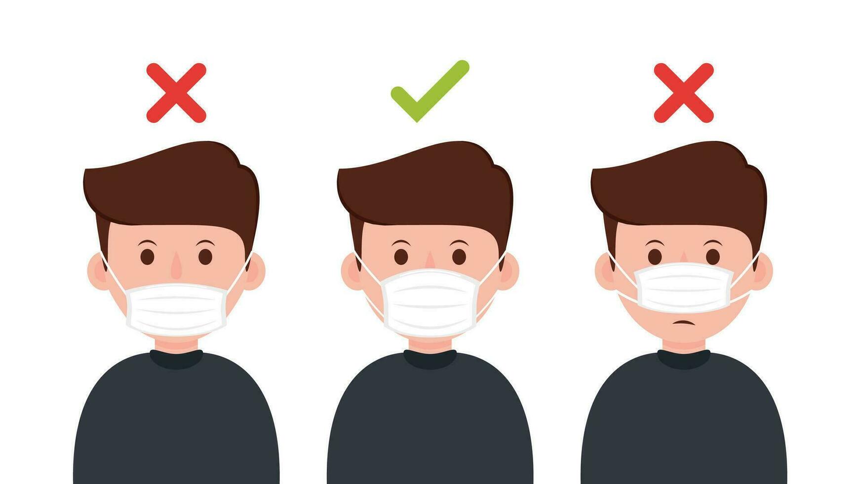 Men showing how to wearing protective mask correctly. Face mask vector. vector