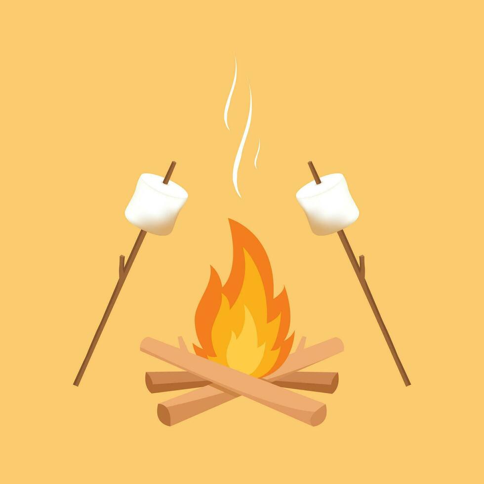 Burned Marshmallows. Marshmallow stick and Bonfire vector. vector