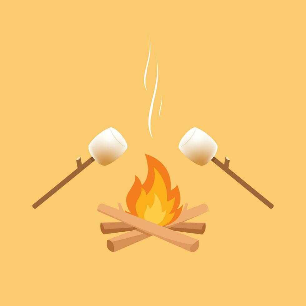 Burned Marshmallows. Marshmallow stick and Bonfire vector. vector