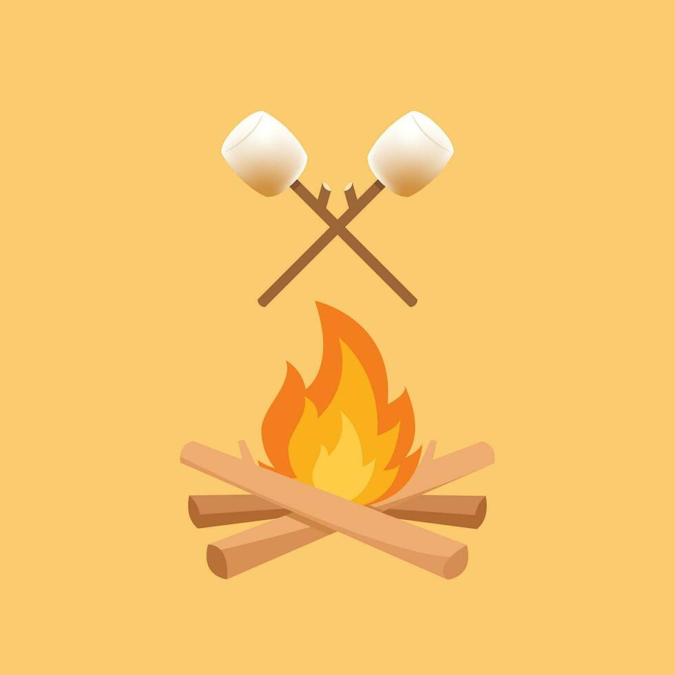 Burned Marshmallows. Marshmallow stick and Bonfire vector. vector