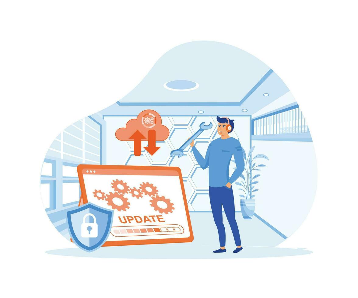 system maintenance, update program and application, technology, engineer, error, fixing a trouble, device updating. flat vector modern illustration