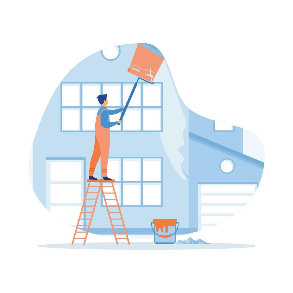 hogar renovación plano conjunto con contratista trabajadores haciendo interior mantenimiento vector ilustración. plano vector moderno ilustración