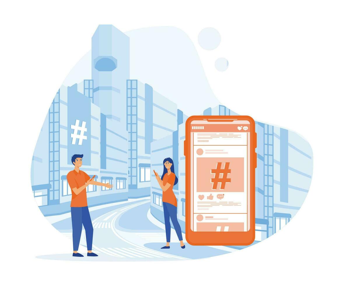 Hash sign big symbol. Hashtag and young people using social media, websites and smartphone applications. flat vector modern illustration