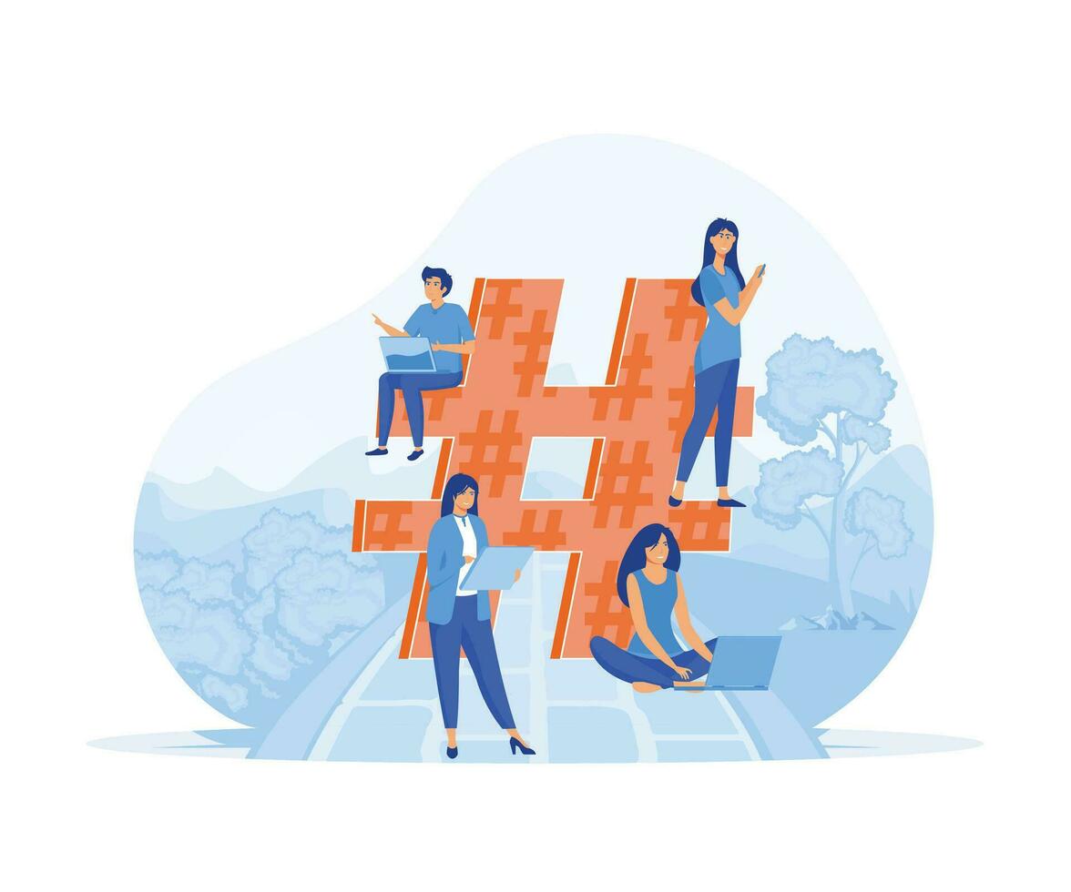 Hashtag - big symbol with little people using laptop for sending posts and sharing them in social media. flat vector modern illustration