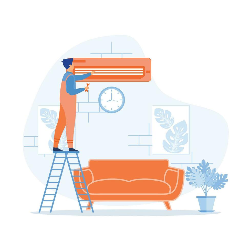 Air Conditioner Repair or Installation Illustration with Unit Breakdown, Maintenance Service, Cooling System. flat vector modern illustration