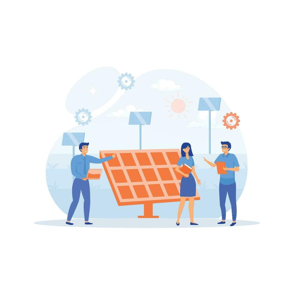 Solar energy panels. Field service technicians, engineer, manager and architect, flat vector modern illustration