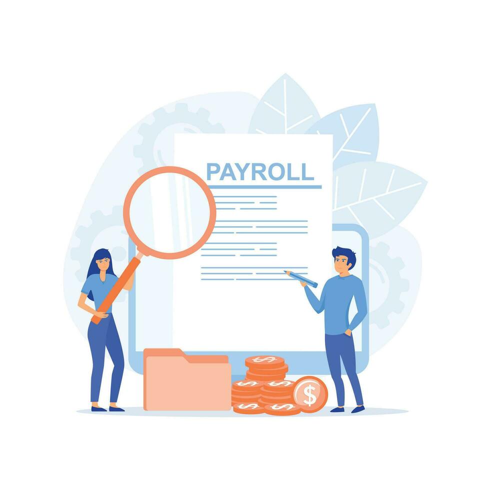 Payroll. Man and woman use pencil and magnifier to examine payroll check, flat vector modern illustration