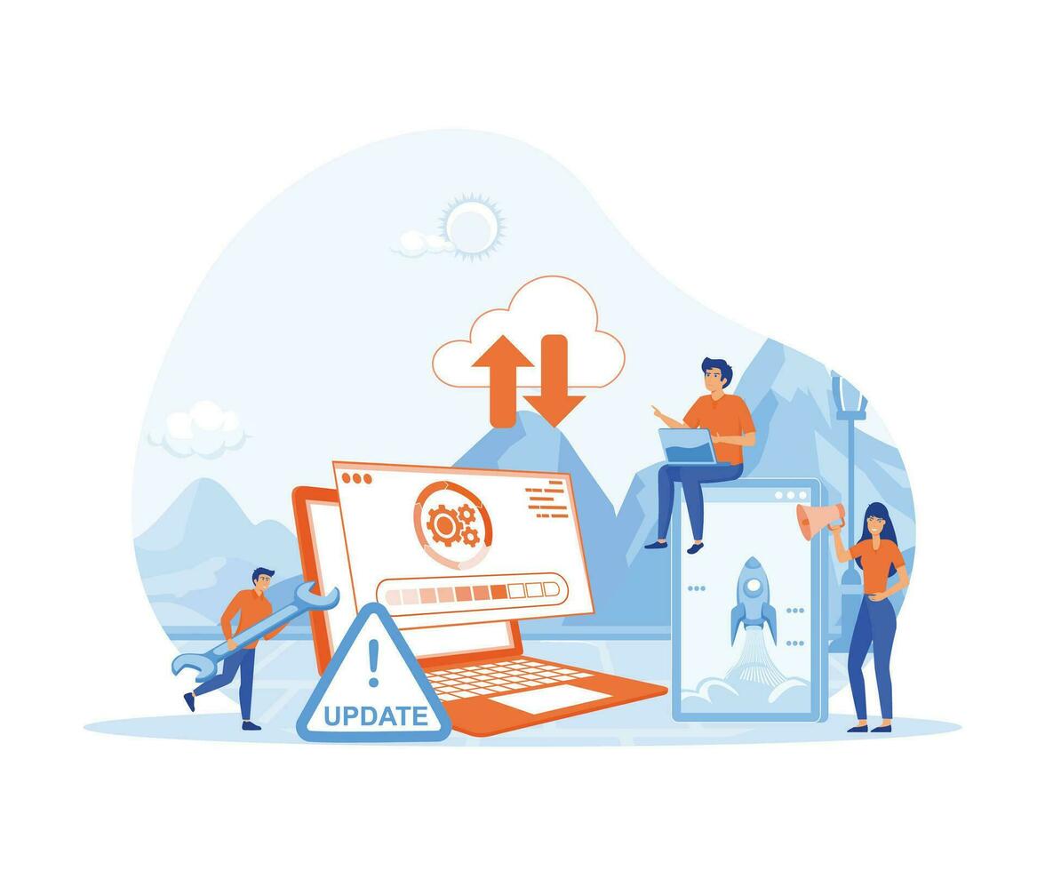 System updates with people updating operation in computing and installation programs. flat vector modern illustration