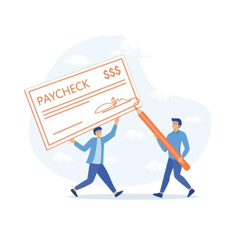 Paycheck.  Man with Ink Pen for Signing, flat vector modern illustration