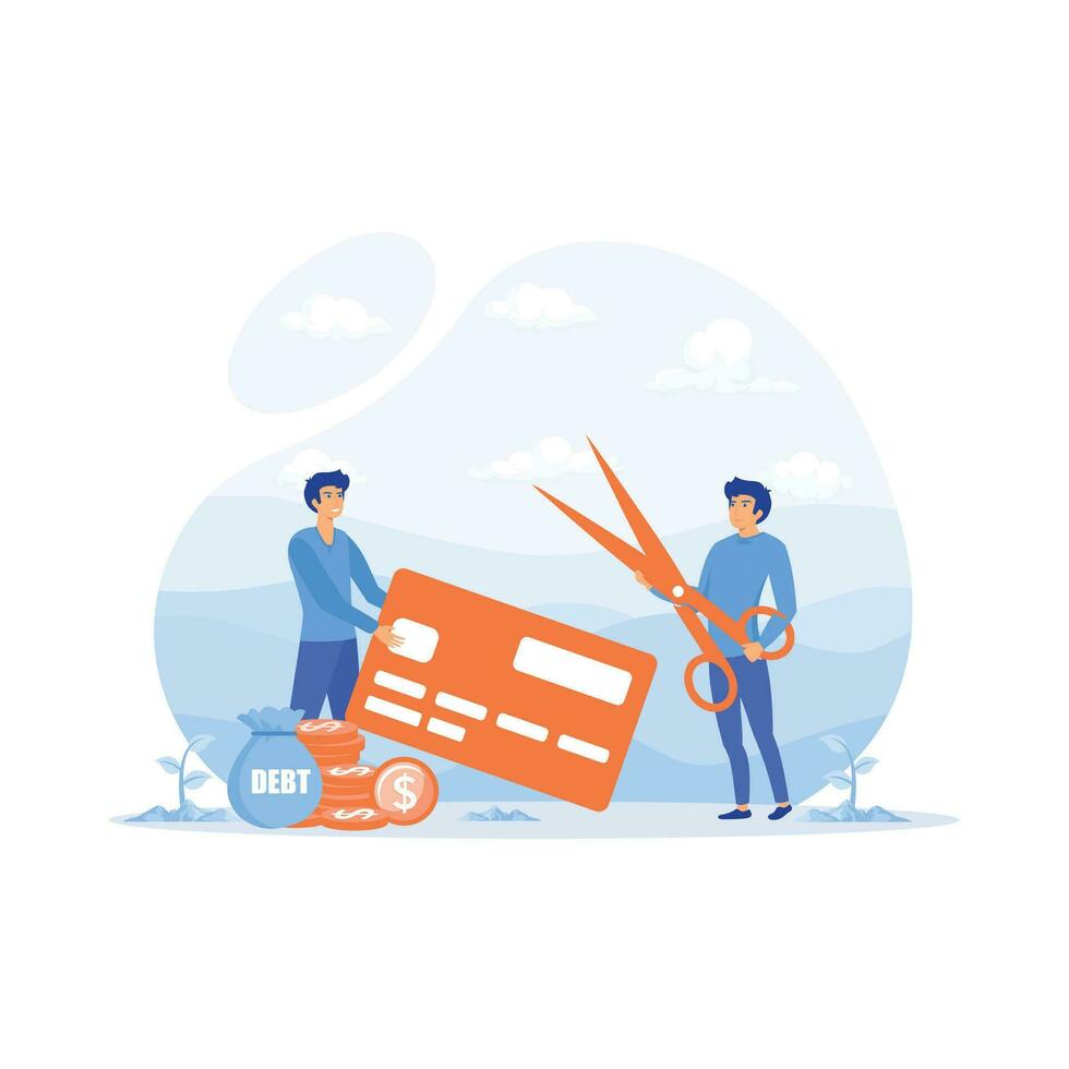Cut debt. Man with scissors cuts chain of young guy with card, flat vector modern illustration