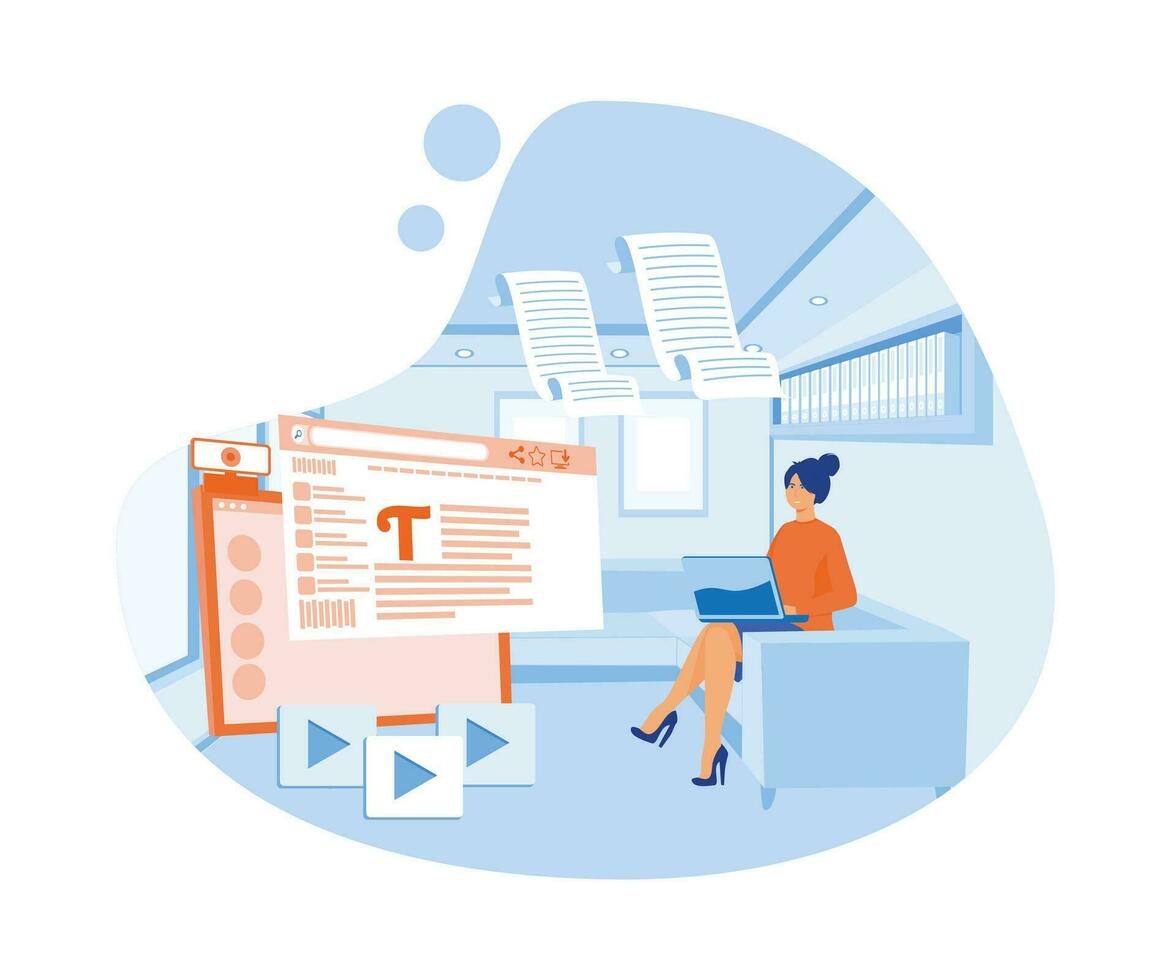 Content writer. Media creator and online freelance article writer, blog copywriter and content maker concept. flat vector modern illustration