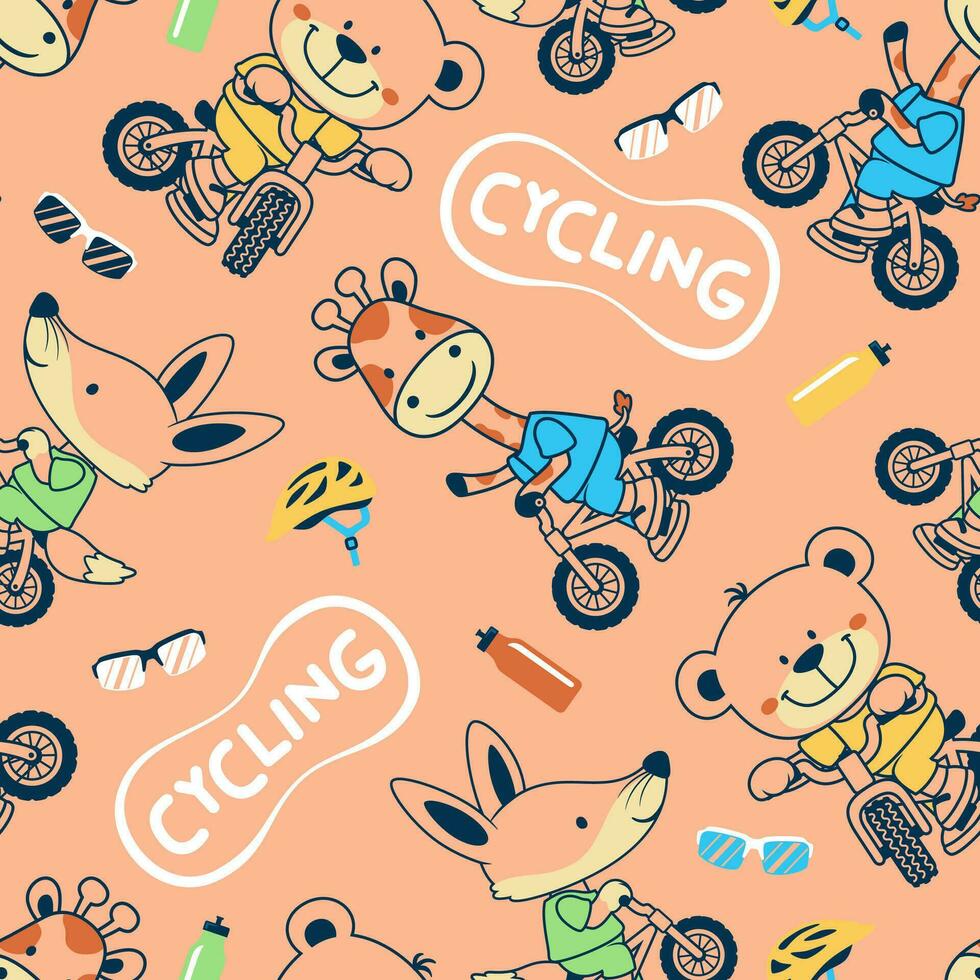 sin costura modelo vector de gracioso animales dibujos animados ciclismo con montar en bicicleta elementos