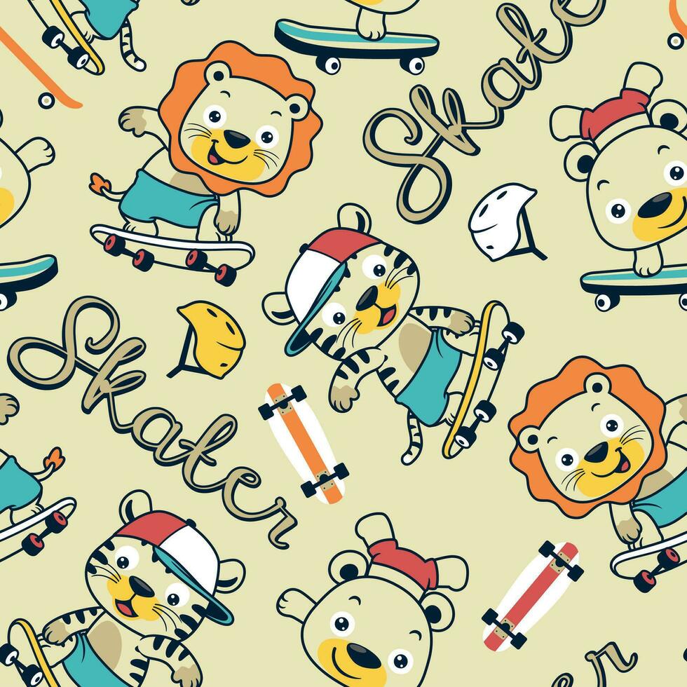 Seamless pattern vector of funny animals cartoon skateboarding