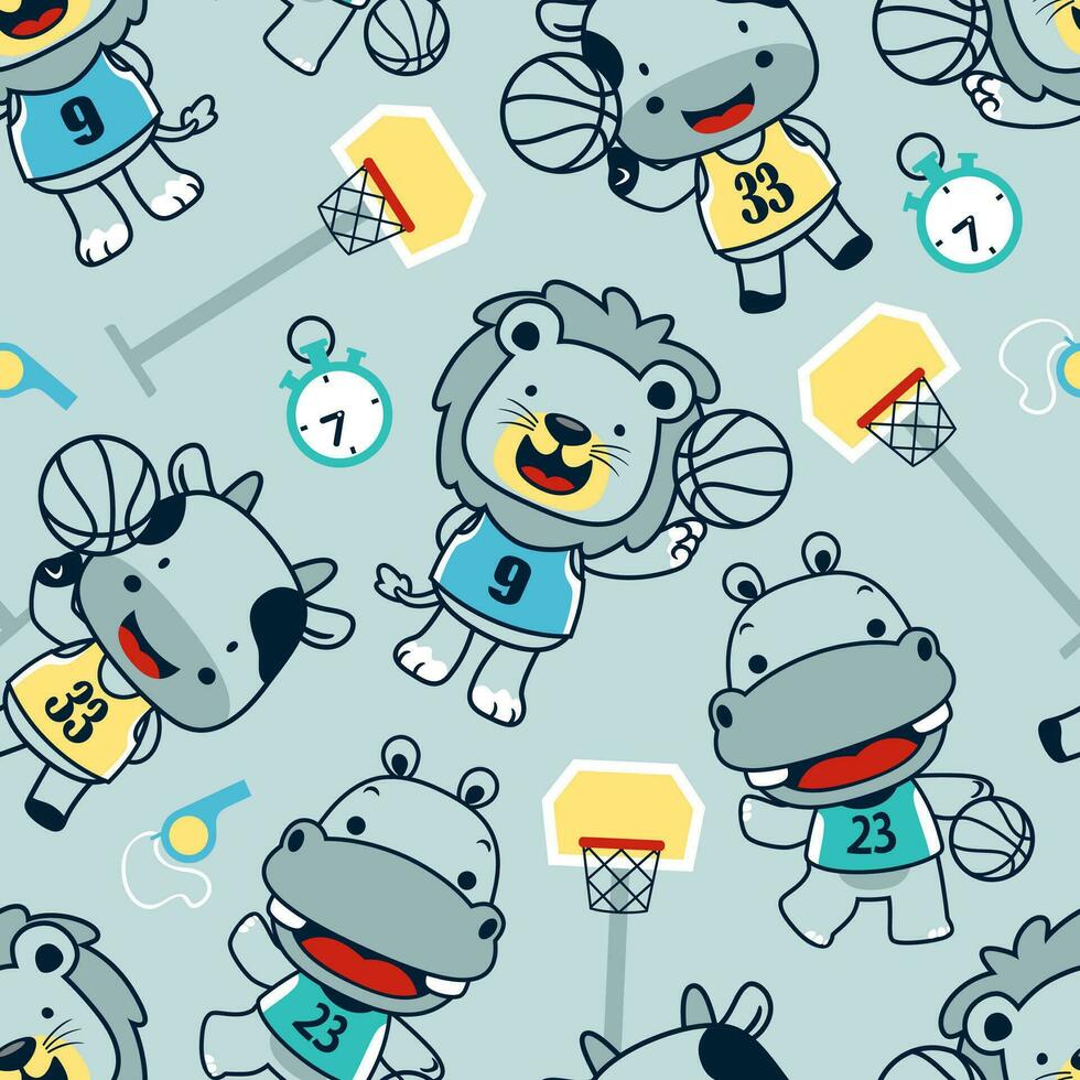 Seamless pattern vector of funny animals cartoon playing basketball with basketball elements