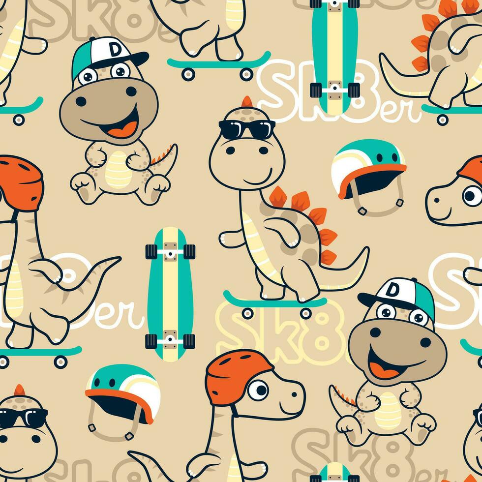 Seamless pattern vector of dinosaurs skateboarding