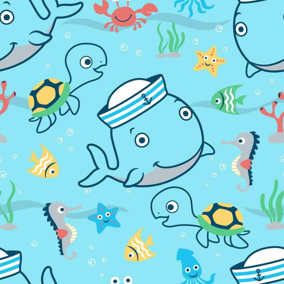 vector de patrones sin fisuras de dibujos animados de animales marinos