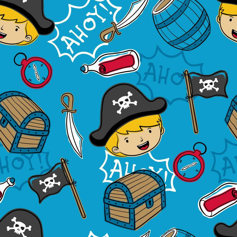 Seamless pattern vector of pirate sailing element cartoon in hand drawn style