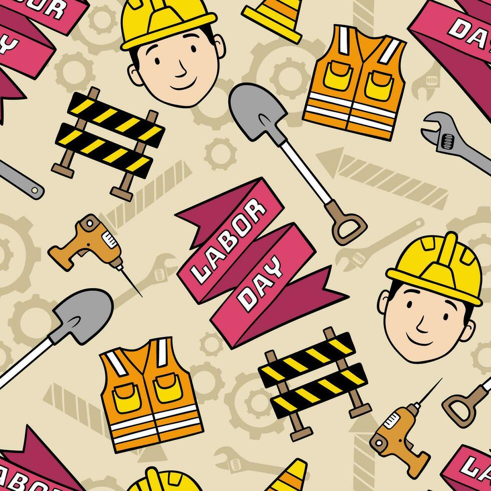 Seamless pattern vector of construction elements with worker smile face