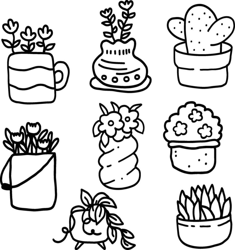 conjunto de flores en maceta, plantas de interior garabatear, vector ilustración