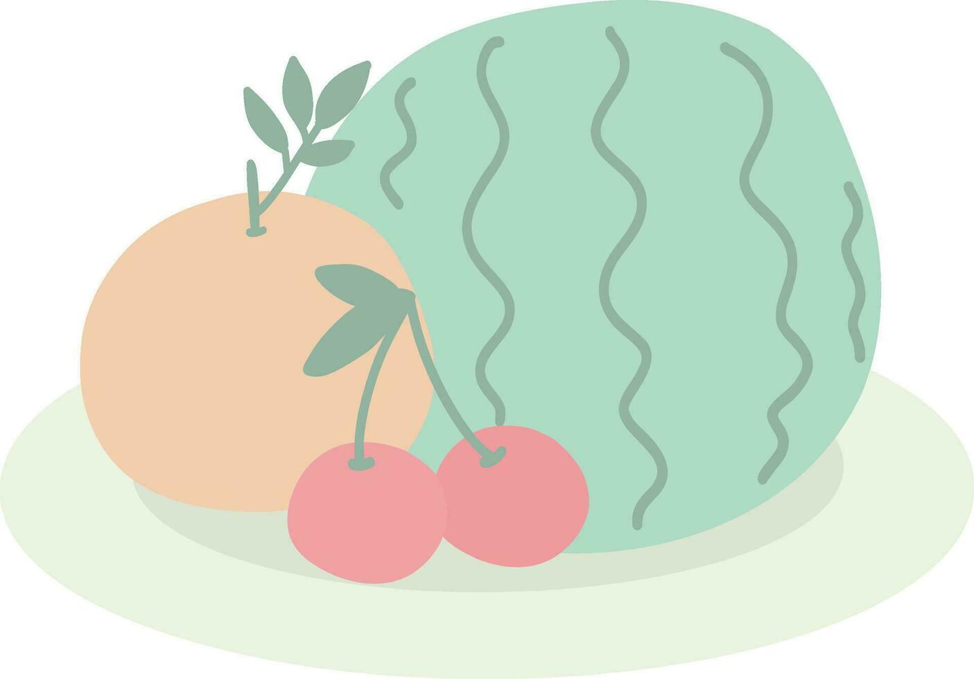 Watermelon Orange  and Cheery On Green Plate Vector Illustration