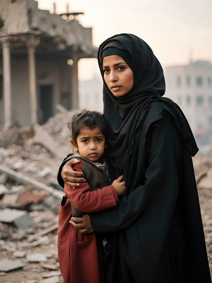 women and children become victims of war against the backdrop of a destroyed city, AI generated. photo