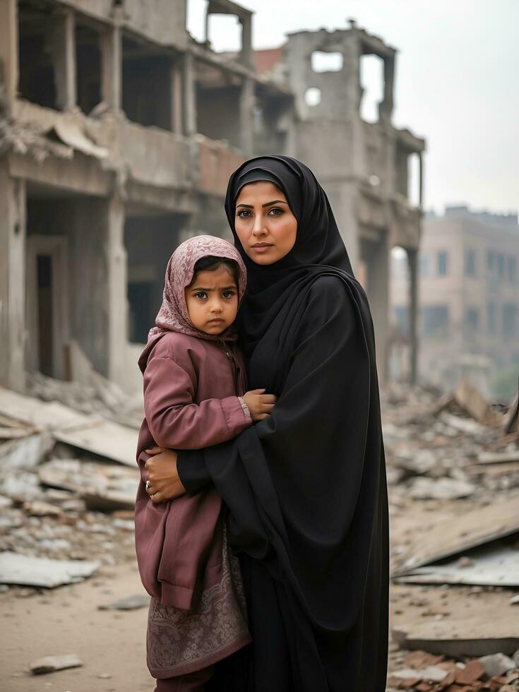 women and children become victims of war against the backdrop of a destroyed city, AI generated. photo