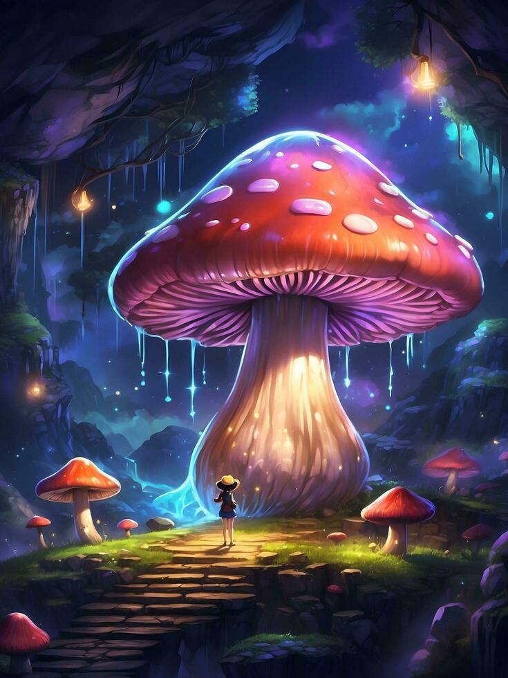 giant mushrooms at night created by AI photo