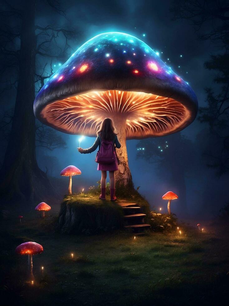 giant mushrooms at night created by AI photo