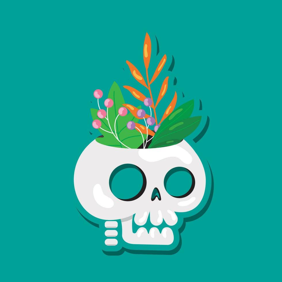 aislado cráneo dibujos animados con plantas vector ilustración