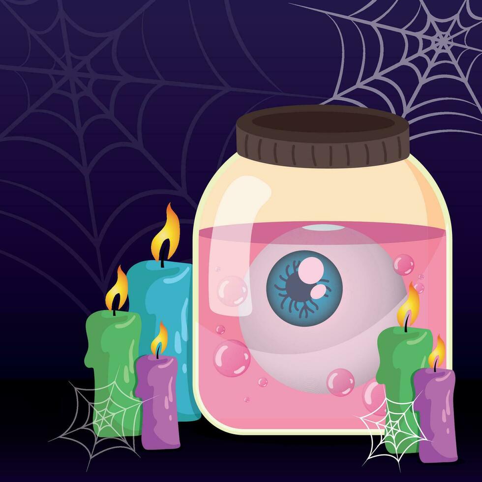 Scary eye with candle and spider webs Halloween season Vector illustration