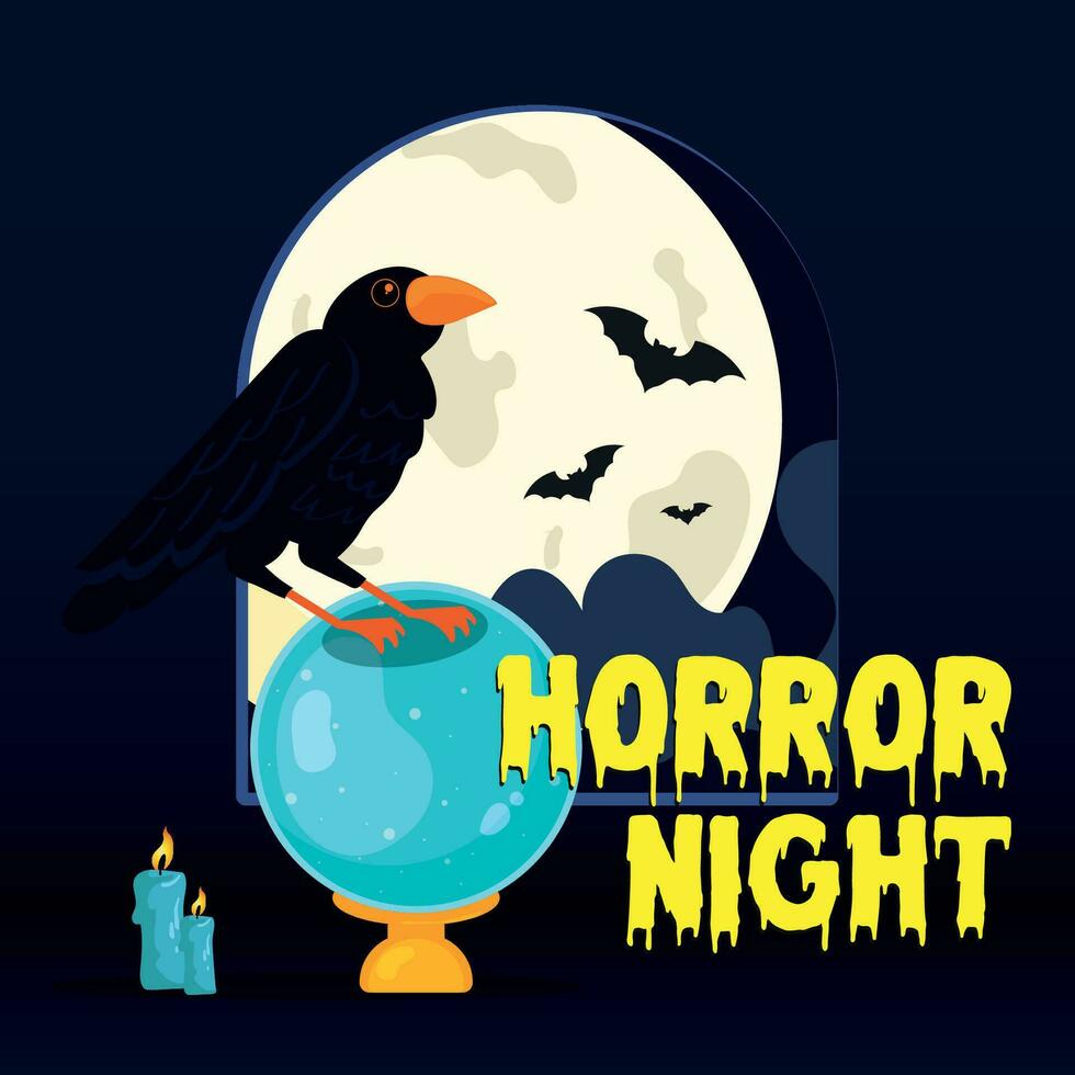 Raven on a crystal ball Halloween season Vector illustration