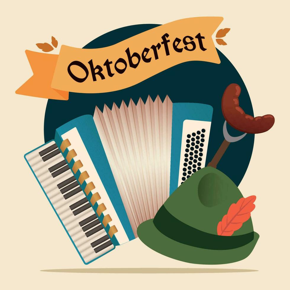 Oktoberfest póster acordeón alemán sombrero salchicha vector ilustración