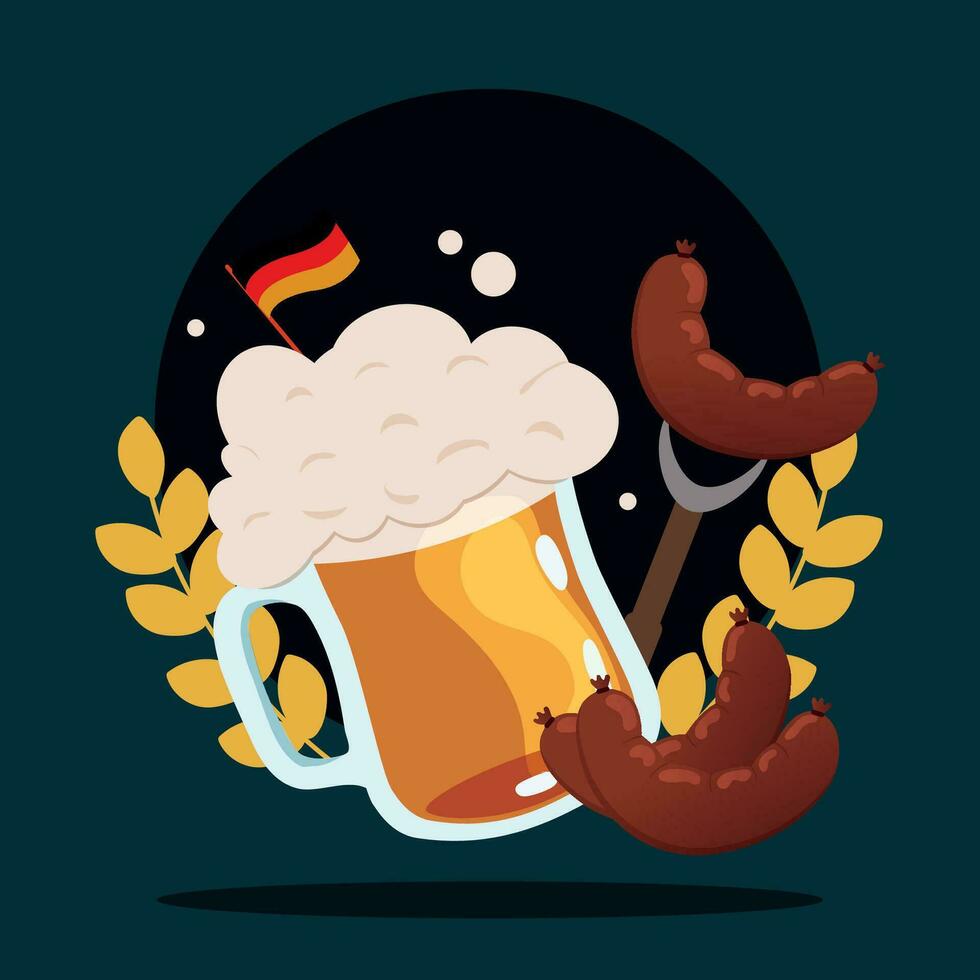 cerveza vaso con espuma salchichas Oktoberfest póster vector ilustración