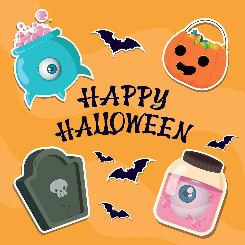 Happy halloween poster Monster Tombstone pumpkin Vector illustration